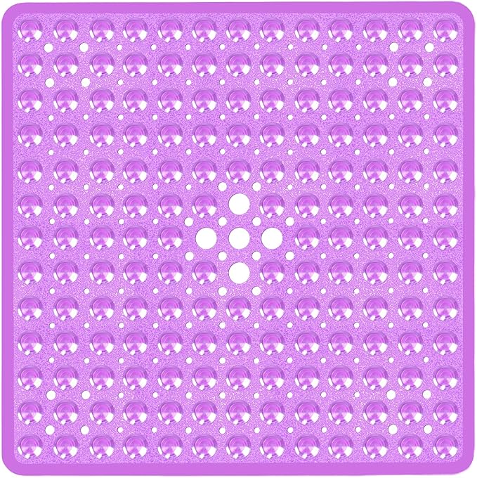 Square Shower Bathtub Mat Non Slip for Inside Shower Clear Purple 21x21 Inch, Shower Stall Mats for Bathroom Floor, Soft Bath Mat for Tub with Big Suction Cups Drain Holes, Easy Washable Dry