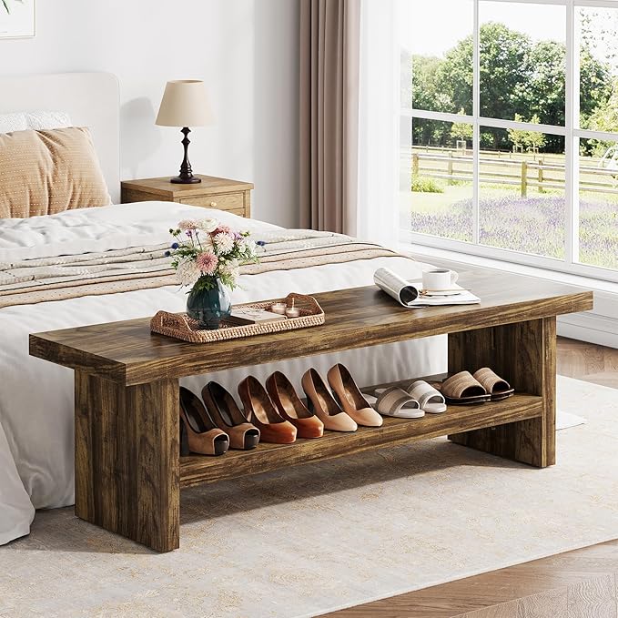 2 Tier Entryway Bench, 47.24" Shoe Bench, Rustic Shoe Rack, Wooden Storage Bench for Entryway Hallway Living Room Bedroom, Easy Assembly, Rustic Brown