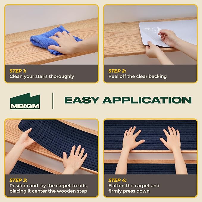 MBIGM 8" X 30" (15 in Pack) Non-Slip Carpet Stair Treads Non-Skid Safety Rug Slip Resistant Indoor Runner for Kids Elders & Pets with Reusable Adhesive - Navy - Carpet Pads for Stairs
