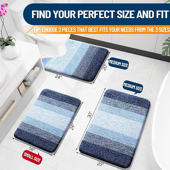 OLANLY Bathroom Rug Set 2 Piece, Soft Absorbent Microfiber Bath Mats and U-Shaped Contour Toilet Rug, Non-Slip, Machine Wash Dry, Plush Shaggy Bath Mats for Bathroom (30"x20"+24"x20", Navy)