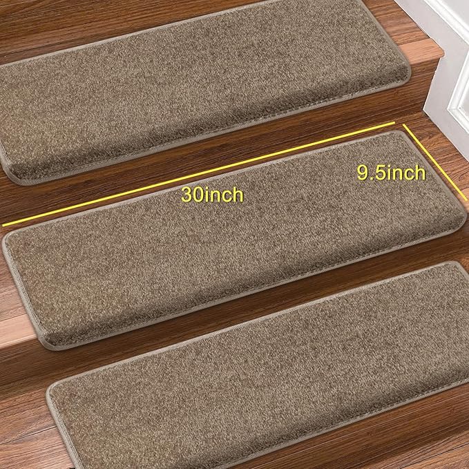 PURE ERA Bullnose Carpet Stair Treads Set Tape Free Non-Slip Indoor Stair Protectors Pet Friendly Rugs Covers Soft Skid Resistant Washable Reusable 9.5" x 30"(2 Pieces, Camel Brown)