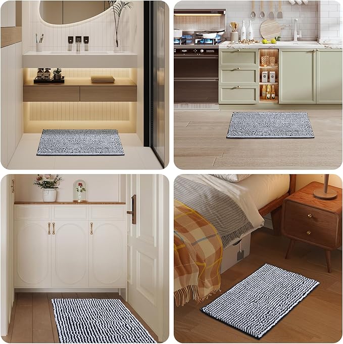 Ultra-Soft Bathroom Rug Set, 2-Piece – Absorbent, Non-Slip, Machine Washable Bath Mats for Bathroom, Shower, Sink, Kitchen （20" x 32" + 17" x 24"） Black White