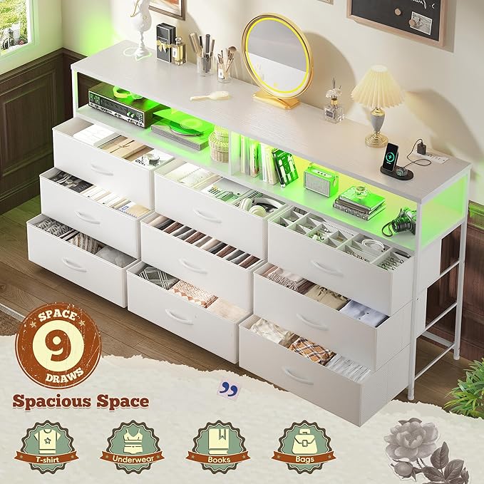 55" W White Dresser for Bedroom with 9 Drawers, LED TV Stand with Power Outlets for 45, 55, 65 Inch TV, Sturdy Long Chest of Drawers with Extra 2 Wooden Shelves, 55.1" W x 35.4" H x 11.8" D