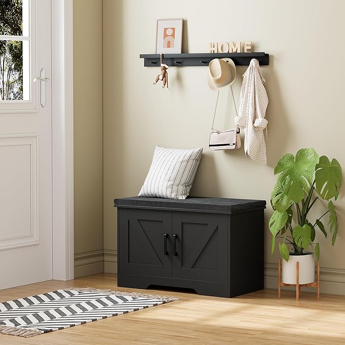 2-Tier Storage Bench, 27.6" Wide Shoe Bench with Padded Seat Cushion, Entryway Bench with 2 Barn Doors and Adjustable Shelf, Black