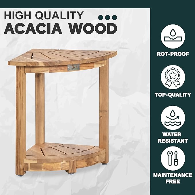 Acacia Wood Corner Shower Stool - Waterproof Triangular Bathroom Bench with Storage Shelf & Soap Dish for Shaving, Light Natural Wood (17.9x12.7x16.5)