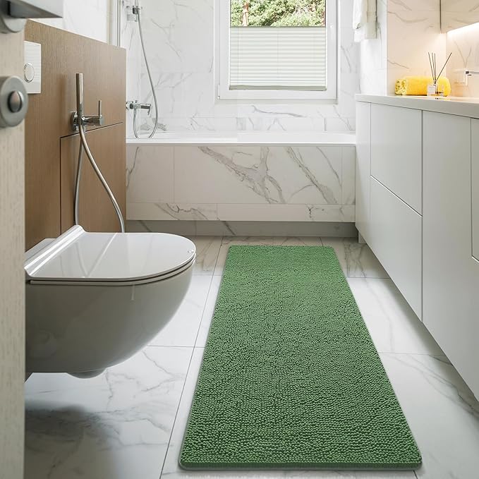 LOCHAS Luxury Bathroom Rug Shaggy Bath Mat 24 x 60 Inch, Washable Non Slip Bath Rugs for Bathroom Shower, Soft Plush Chenille Absorbent Carpets Mats, Green