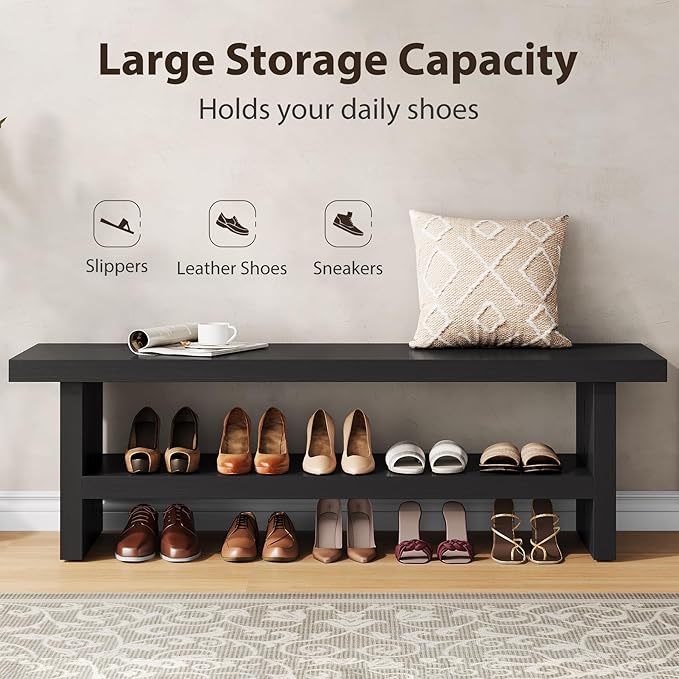 2 Tier Entryway Bench, 47.24" Shoe Bench, Rustic Shoe Rack, Wooden Storage Bench for Entryway Hallway Living Room Bedroom, Easy Assembly, Black