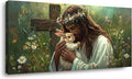 Green Jesus Love Wall Art for Bedroom Canvas Painting Prints GOD Embrace Rabbit Bunny Spiritual Faith Crucifix Cross Vintage Art Deco Spring Artwork Office Farmhouse Decor