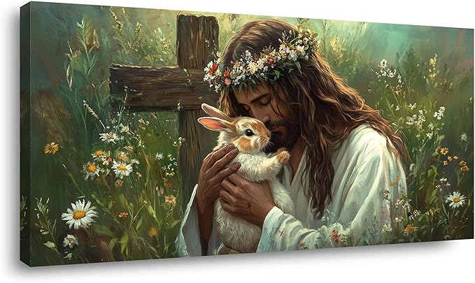 Green Jesus Love Wall Art for Bedroom Canvas Painting Prints GOD Embrace Rabbit Bunny Spiritual Faith Crucifix Cross Vintage Art Deco Spring Artwork Office Farmhouse Decor
