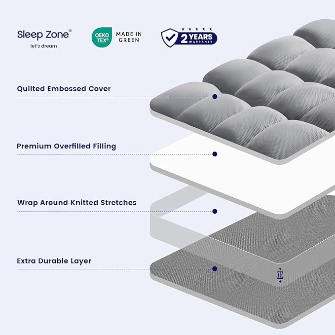 SLEEP ZONE Mattress Topper Full Size, Extra Thick Fitted Mattress Pad for Back Pain, Plush and Support Mattress Cover, Deep Pockets Mattress Protector, Hotel Quality (Grey, Full)