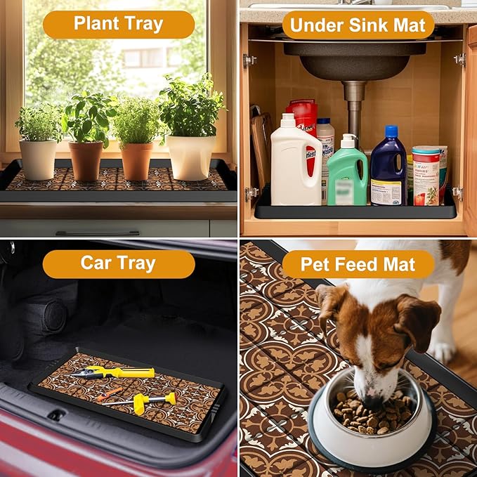 BEHERO Boot Tray Shoe Mat Decorative Patterned, Rubber Boot Matt Tray Indoor and Outdoor Use, 16" x47.5" Shoe Cleaning Mat Non-Slip, Shoe Storage Waterproof with Artistic Prints for Entryway (Brown)