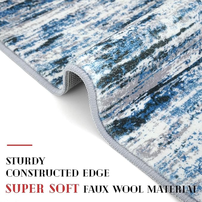 Modern Abstract Runner Rug 2x5, Grey Blue White Washable Entryway Kitchen Runner Non-Slip Soft Hallway Rug Runner Thin Print Faux Wool Carpet for Bedroom Laundry Room Indoor