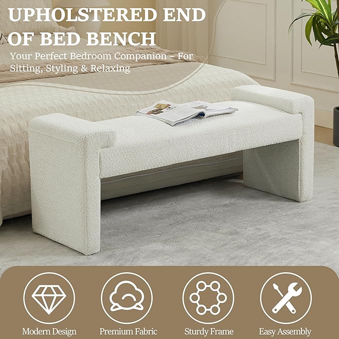 43" End of Bed Bench Upholstered Modern Bedroom Bench for Living Room & Entryway, Easy Assembly, Footrest Ottoman Accent Window Bench with Solid Wood Frame & Curved Arm, White