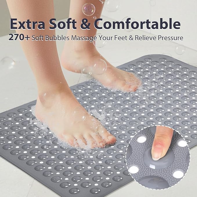 Large Shower Mat 21.5x33.5 Inch Grey, Soft Non Slip Shower Mats for Inside Shower with Big Suction Cups Drain Holes, Extra Large Bath Bathtub Mat Floor Stall Mats, BPA-Free, Easy Clean