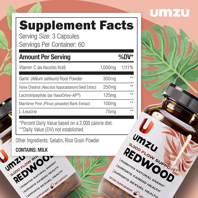 UMZU Redwood Blood Flow Nitric Oxide Supplement for Men & Women, Blood Pressure, Circulation, Stamina, Energy (30 Day Supply | 180 Capsules)