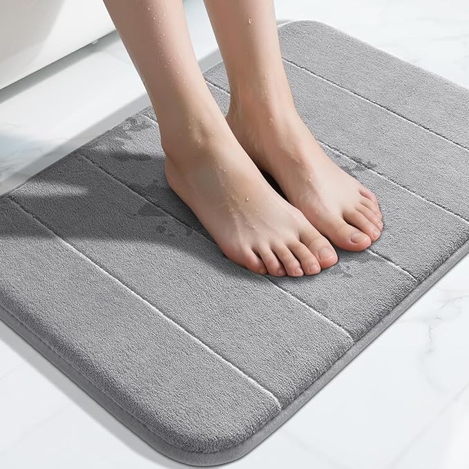 Yimobra Memory Foam Bath Mat, Super Soft Absorbent Bathroom Rug Non Slip, Quick Dry, Machine Washable Floor Carpet for Tub Shower, Home Decor Accessories, 24x17, Grey