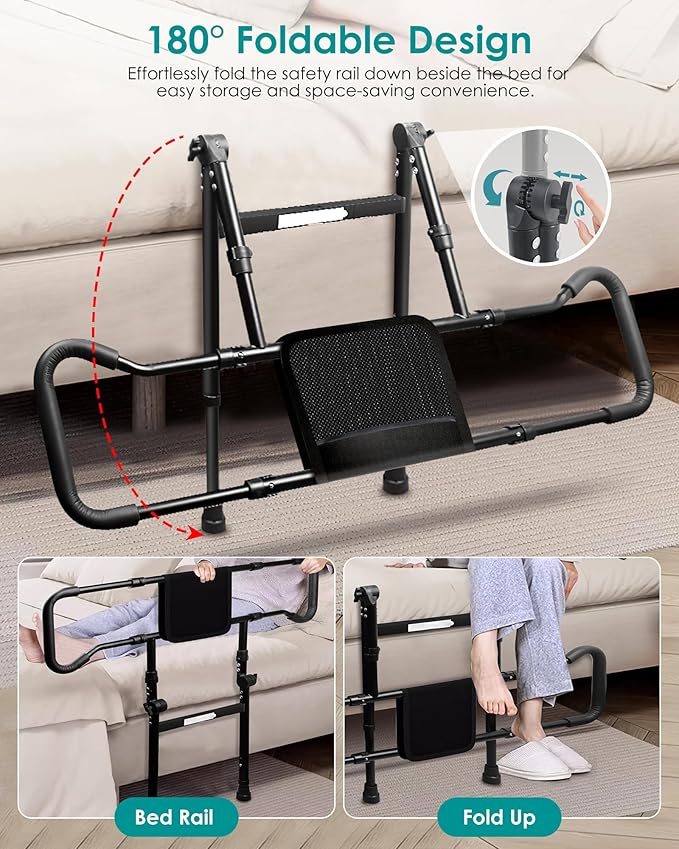 AMOVO Bed Rails for Elderly Adults Safety - Foldable Bed Assist Rails for Seniors Bed Side Grab Bar with Sensor Light, Adjustable Bedside Railing Safety Guard Rail Cane (ASTM F3186–17 Certified)