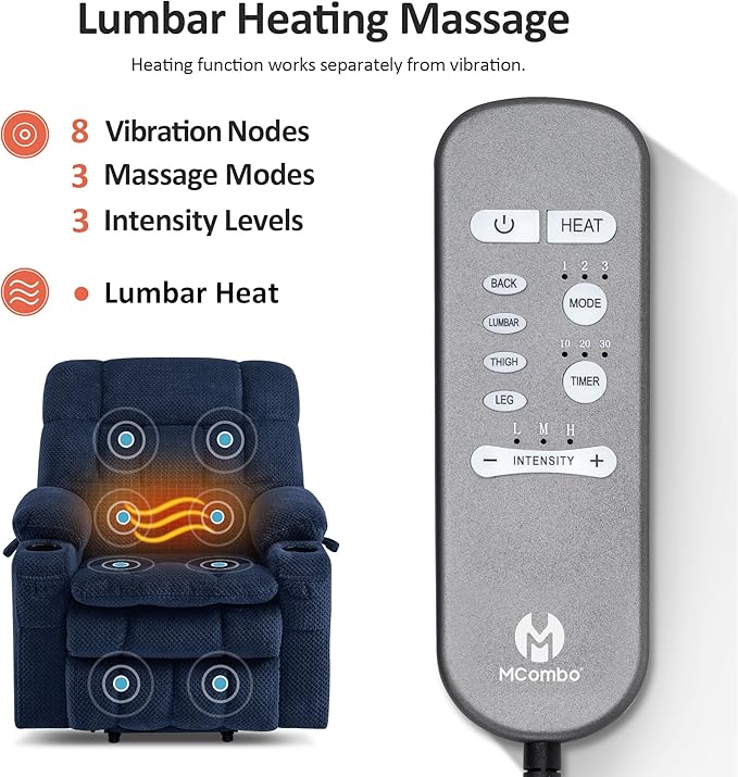 MCombo Dual Motor Power Lift Recliner Chair for Elderly, Lay Flat Lift Chair with Heat and Massage, Petite Lift Chair, Cup Holders, USB A&C Ports, Fabric 7893 (Small, Navy Blue)