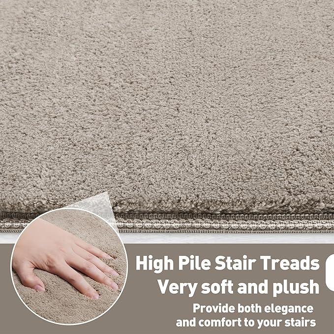 PURE ERA Carpet Stair Treads Ultra Plush 9.5" X 30"Soft Bullnose Indoor Stair Protectors Pet-Friendly Non-Slip Skid Resistant Tape Free Washable Reusable(7 Pieces, Cream Gray)