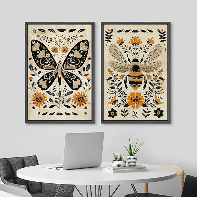 MUDECOR Framed Canvas Print Wall Art Set Butterfly Animals Botanical Bee llustrations Modern Art Decorative Bohemian Calm/Zen for Living Room, Bedroom, Office - 16"x24"x2 Black