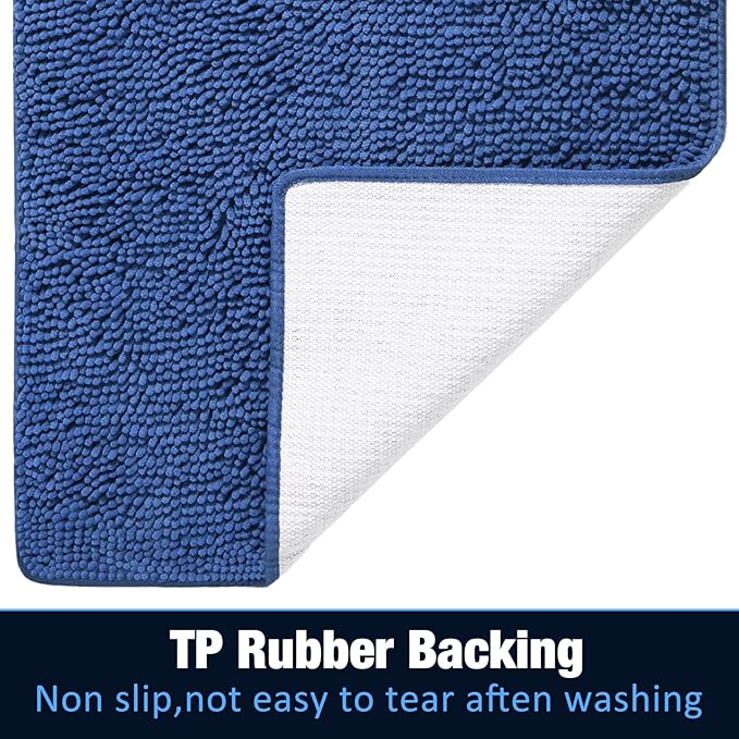 LOCHAS Luxury Bathroom Rug Shaggy Bath Mat 24 x 36 Inch, Washable Non Slip Bath Rugs for Bathroom Shower, Soft Plush Chenille Absorbent Carpets Mats, Blue