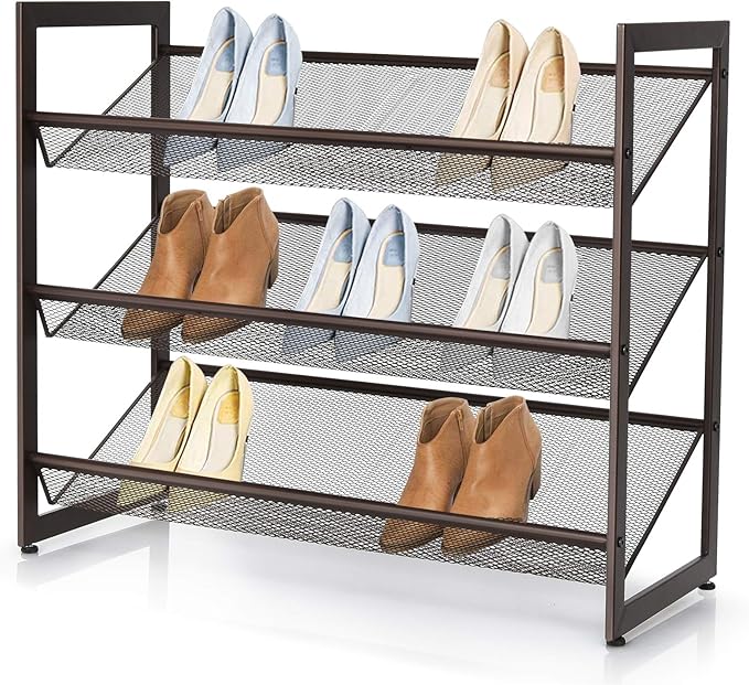 Giantex 3-Tier Metal Shoe Rack, Shoe Storage Organizer with Adjustable Angled or Flat Mesh Shelf for 9 to 12 Pairs of Shoes, Freestanding Shoe Shelf for Bedroom, Entryway, Closet, Hallway