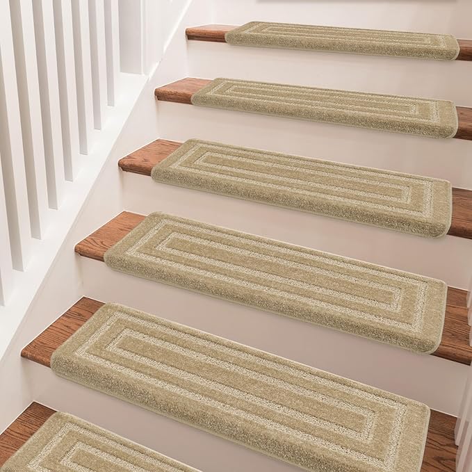 PURE ERA Bullnose Carpet Stair Treads Set Tape Free Non-Slip Indoor Stair Protectors Pet Friendly Rugs 9.5" x 30"(2 Pieces,Khaki Rectangular)