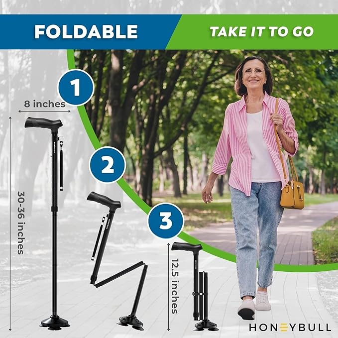 Walking Cane for Men & Women Foldable, Adjustable, Heavy Duty, Free Standing, All Terrain, Collapsible Walking Sticks for Seniors & Adults
