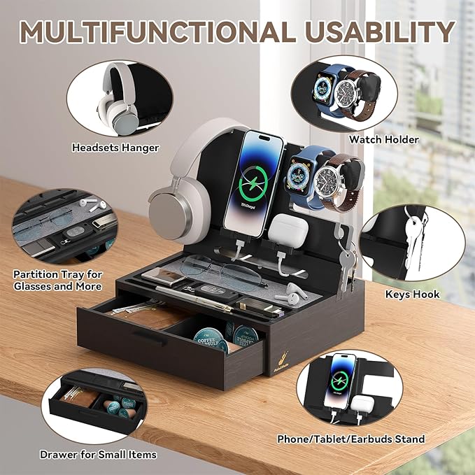 Pezin & Hulin Wooden Charging Station, Bedside Nightstand Tray, with Spacious Drawer, Felt Pads for Phones, Watch, Idea Gifts for Him Birthday, Son, Christmas for Papa Fathers Day