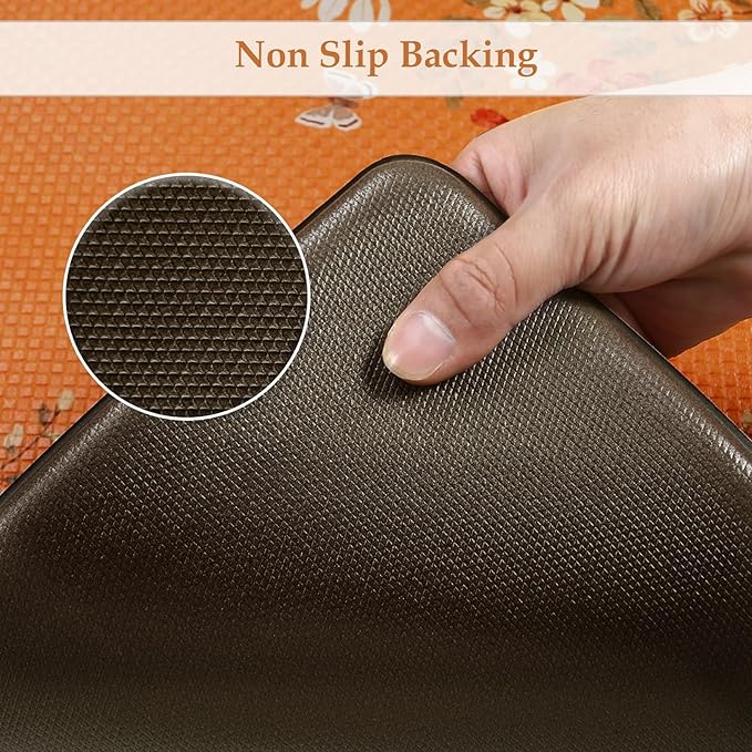 KIMODE Fall Kitchen Mats Cushioned Anti Fatigue, Orange Farmhouse Kitchen Rugs Sets of 2, Halloween Kitchen Mats for Floor, Padded Kitchen Floor Mats for Sink Laundry Office Desk 20"x47"+20"x32"