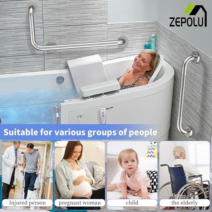 Brushed Nickel L-Shaped Grab Bar 12x24 Inch + Knurled Shower Grab Rail 20 Inch, Zepolu Stainless Steel Toilet Safety Bar 90 Degree, Angled Balance Support Assist Bar, Bathroom Mobility Aid Handrail
