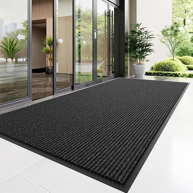 Front Door Mat, 6' x 4' Heavy Duty Indoor Outdoor Door Mat Entrance, Commercial Welcome Mats, Stain and Fade Resistant, Durable Rubber Backing, Low Profile Entry Mat for Patio, Black Stripe