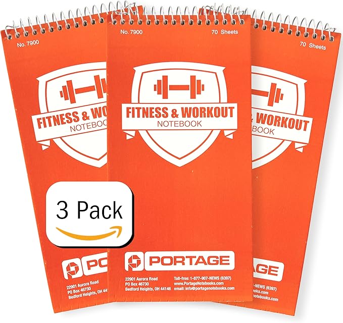 Portage Fitness & Workout Notebook - Fitness Journal, Workout Log, Exercise & Weight Training Notebook Planner, Fitness Tracker Log for Bodybuilding – 4 x 8 Inches, 140 Pages, 70 Sheets (Pack of 3)