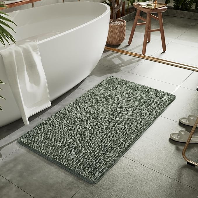 LOCHAS Luxury Bathroom Rug Shaggy Bath Mat 24 x 44 Inch, Washable Non Slip Bath Rugs for Bathroom Shower, Soft Plush Chenille Absorbent Carpets Mats, Sage Green
