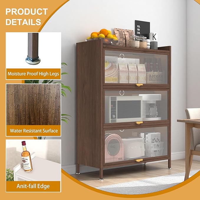 44'' Tall Metal Storage Cabinet with 3 Flip Doors, Freestanding Steel Organizer with Ample Storage Space for Bedroom Living Room Kitchen Office Entryway, Storage Organizer Walnut Finish