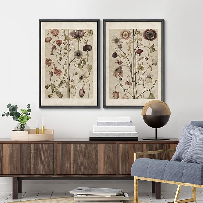 MUDECOR Framed Canvas Print Wall Art Wildflower Floral Botanical Nature Illustration Modern Art Decorative Multicolor Geometric Minimal for Bedroom - 24"x36"x2 Black