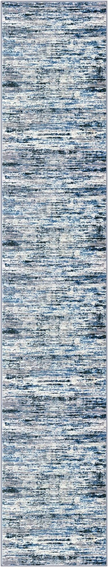 Modern Abstract Runner Rug 2.6x14, Grey Blue White Washable Long Kitchen Runner Non-Slip Soft Hallway Rug Runner Thin Print Faux Wool Carpet for Entryway Bedroom Laundry Room Indoor Home Decor
