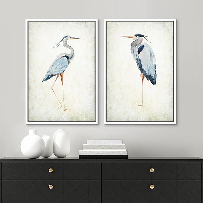 MUDECOR Framed Canvas Print Wall Art Heron Bird Illustrations Modern Art Decorative Bohemian Colorful Chic for Living Room, Bedroom, Office - 24"x36"x2 White