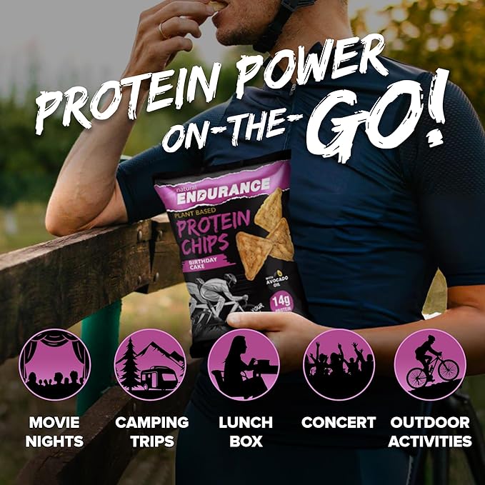 Natural Endurance Protein Chips - Low Carb Chips, High Protein Snack, Vegan Protein with Avocado Oil, 14g Protein Per Bag, Gluten Free, Birthday Cake Flavor - 1.38 oz Bags (Pack of 12)