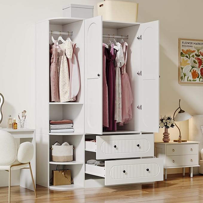 69” Fluted Large Capacity Storage Wardrobe Armoire, Wardrobe Armoire Wooden Closet with 2 Doors, 3 Hanging Rod Shelves, 2 Drawers & 6 Display Shelves, Bedroom Clothing Storage Cabinet White
