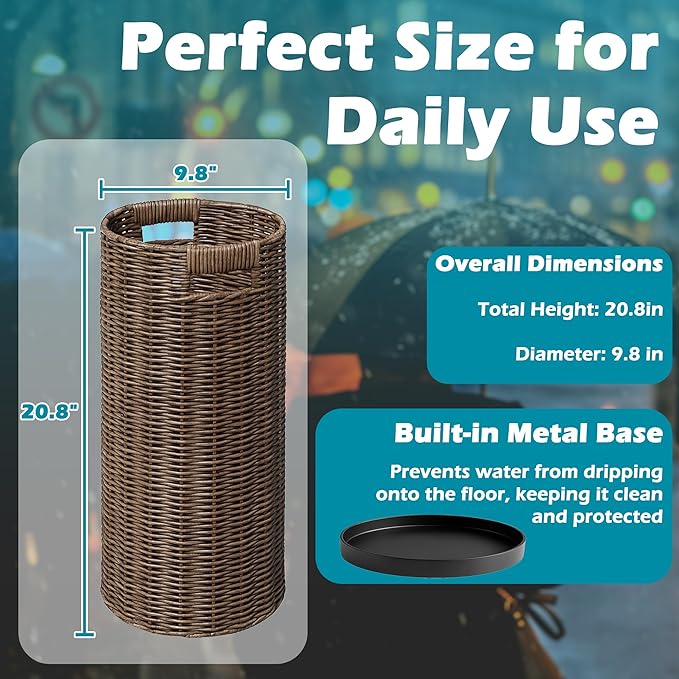 Rattan Umbrella Holder 20.8" H X 10" D,Handmade Wicker Umbrella Stand Indoor with Dip Tray,Sturdy Umbrella Holders for Entryway,Umbrella Bucket Fits Mudroom,Walking Canes,Home,Office (Brown)