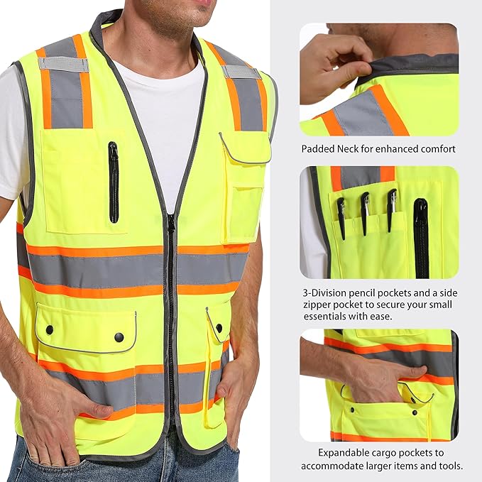 Reflective Safety Vest for Men and Women - High Visibility Construction Vest - Dual Tone Reflective Strips