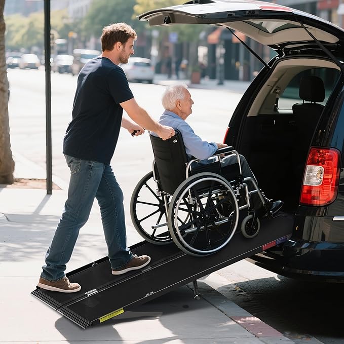7FT Portable Wheelchair Ramp with Quick-Lock, Black Seamless Non-Slip Aluminum Folding Handicap Ramp,Threshold Ramp for Doorways, Wheel Chair Ramp for Home Steps