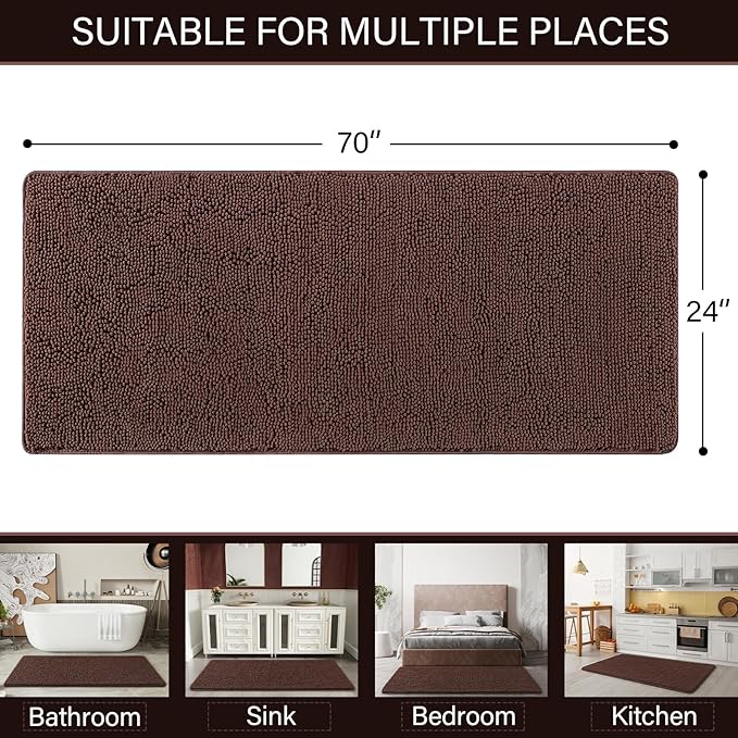 LOCHAS Luxury Bathroom Rug Shaggy Bath Mat 24 x 70 Inch, Washable Non Slip Bath Rugs for Bathroom Shower, Soft Plush Chenille Absorbent Carpets Mats, Brown