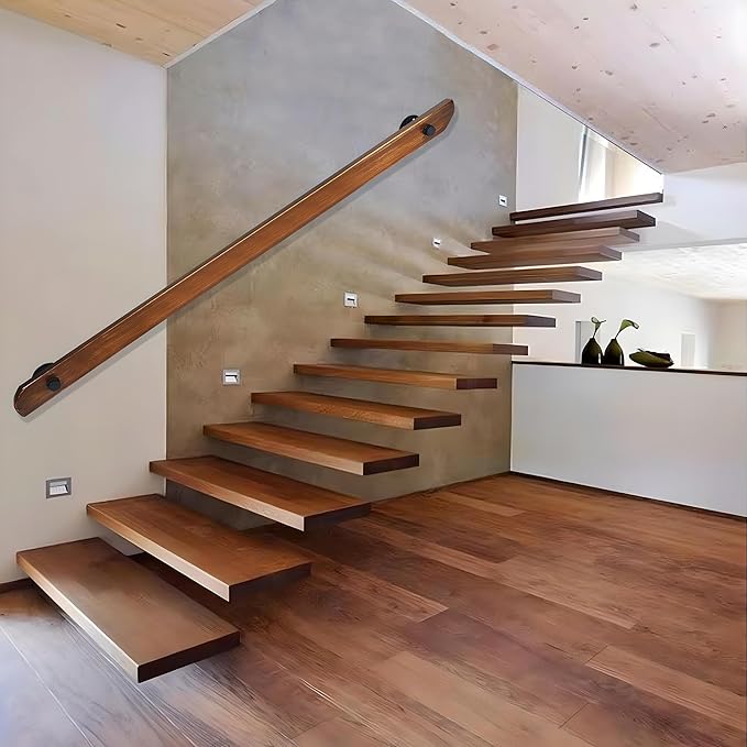 Wood Handrails, Indoor Non-Slip Staircase Handrail,Retro Rustic Wall Mount Railings Handrails, Home Loft Corridor Support Rod,Industrial Pipe Support, Easy to Install (Dark Wood, 10FT)