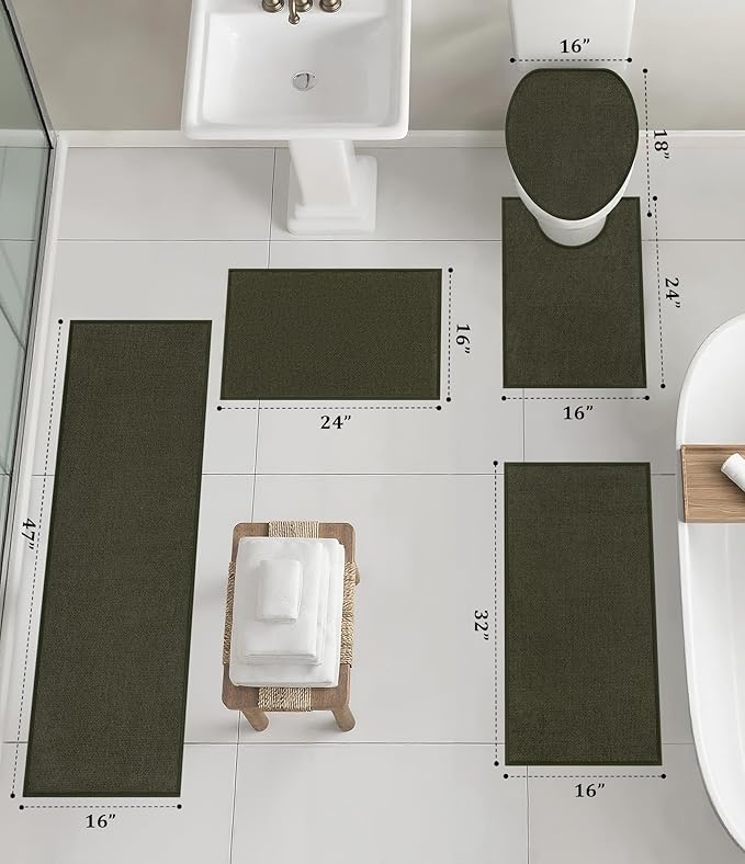 YIHOUSE Bathroom Rugs Mats Sets 5 Pieces, Ultra Thin Bath Mat Absorbent Non Slip Bath Rugs for Bathroom Washable, Shower, Sink, Laundry (Dark Green, 5 Pieces)