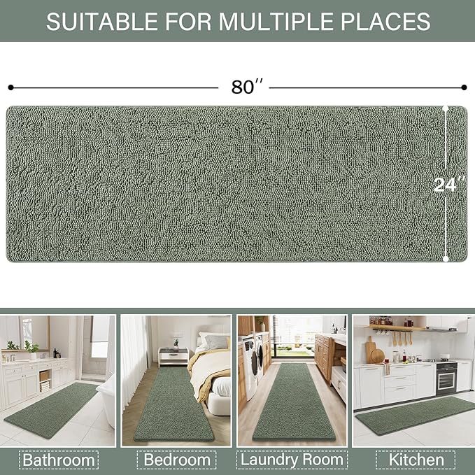 LOCHAS Luxury Bathroom Rug Shaggy Bath Mat 24 x 80 Inch, Washable Non Slip Bath Rugs for Bathroom Shower, Soft Plush Chenille Absorbent Carpets Mats, Sage Green