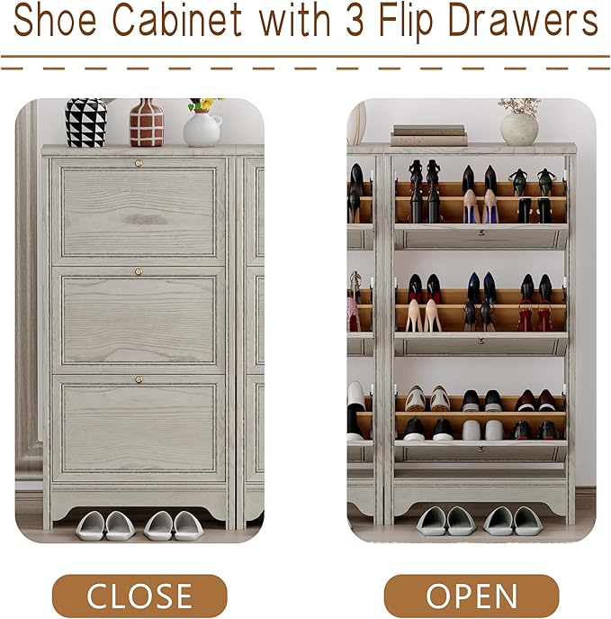 Chogori 3-Tier Shoe Cabinet – Solid Wood Entryway Shoe Storage Organizer with Flip-Up Doors, Adjustable Shelves – Narrow Freestanding Shoe Cabinets for Hallway – Space-Saving Design (1, Charcoal Gray)