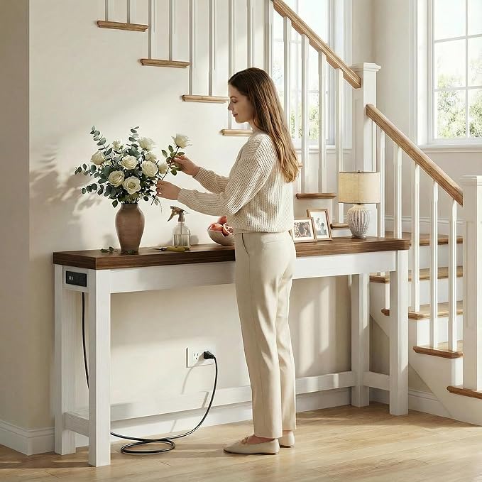 Cyclysio 63" Console Tables for Entryway, Long Console Tables for Living Room, Behind Couch Table, Sturdy Wood Support Farmhouse Entryway Table with 3AC+2USB Charging‌ Station, Rustic Oak
