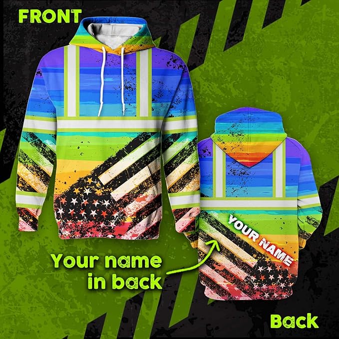 US Flag High Visibility Hoodie for Men Reflective Hoodie Safety Workwear for Worker Runner Patriotic ACC02